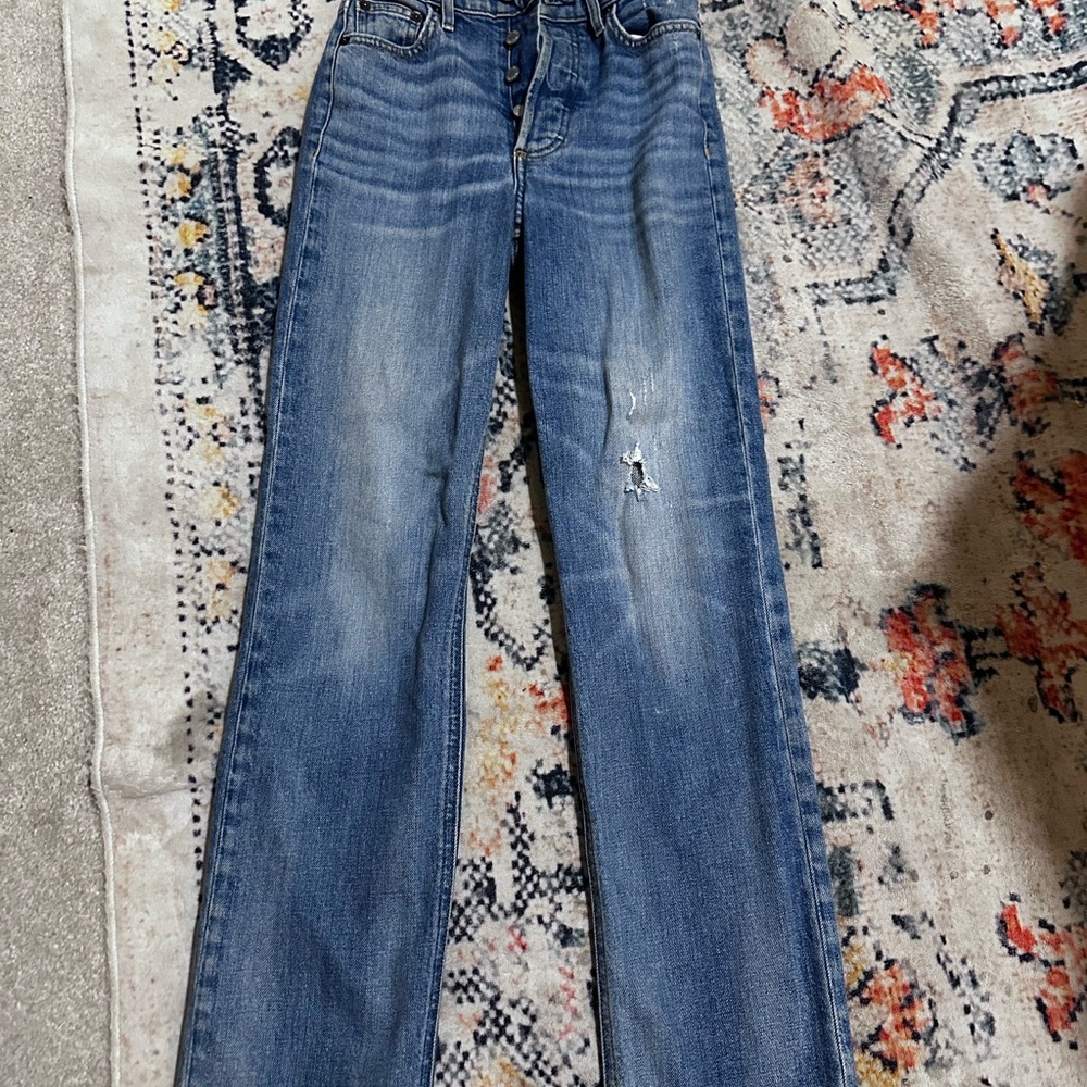 Denim Forum Straight Leg Jeans in Distressed Blue